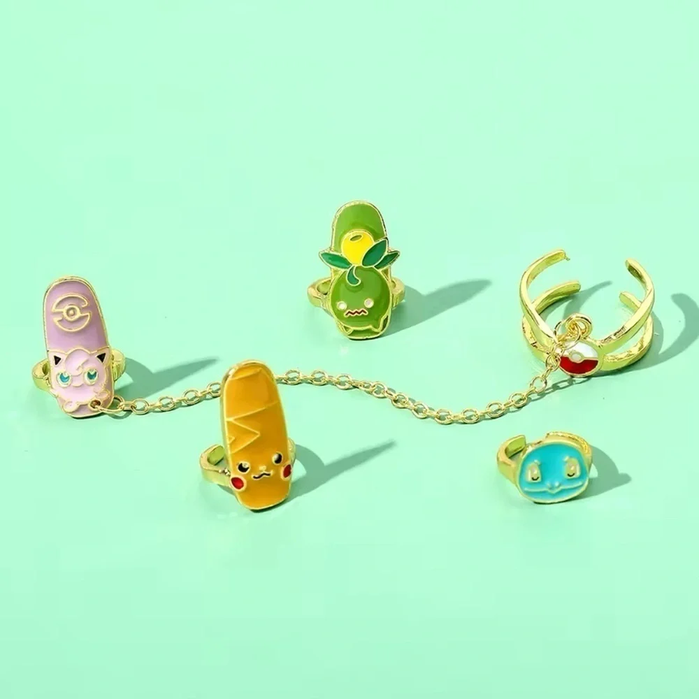 Gold Tone Pokemon Nail Rings Set Jiggly Puff, Squirtle, Pikachu, Smoliv Pokeball